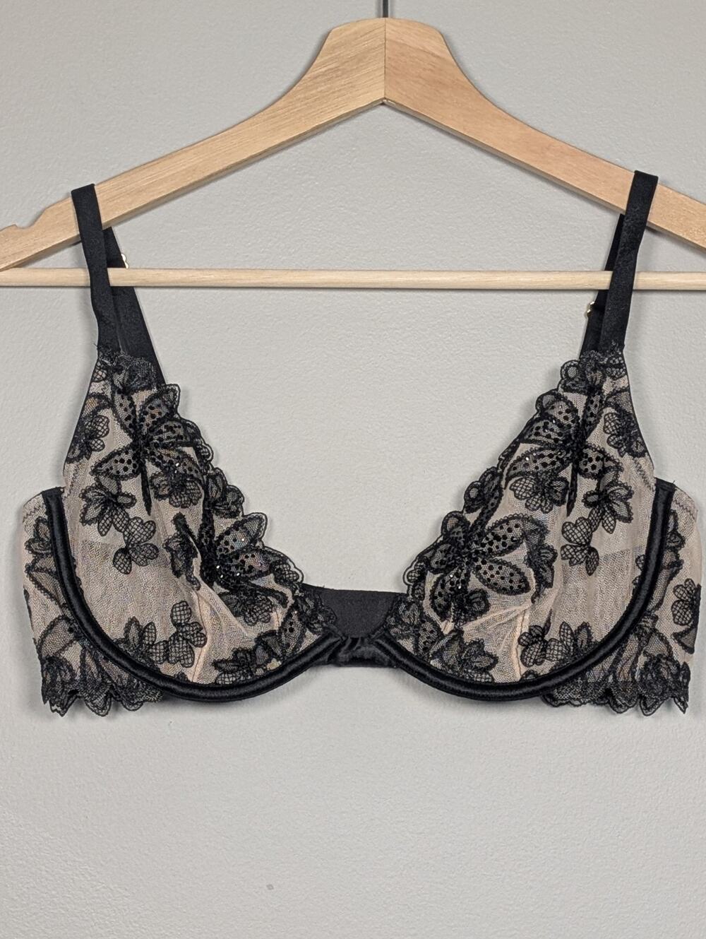 Victoria's Secret Lace Bra Black Nude Sheer Underwire Demi Mesh Unlined 34D